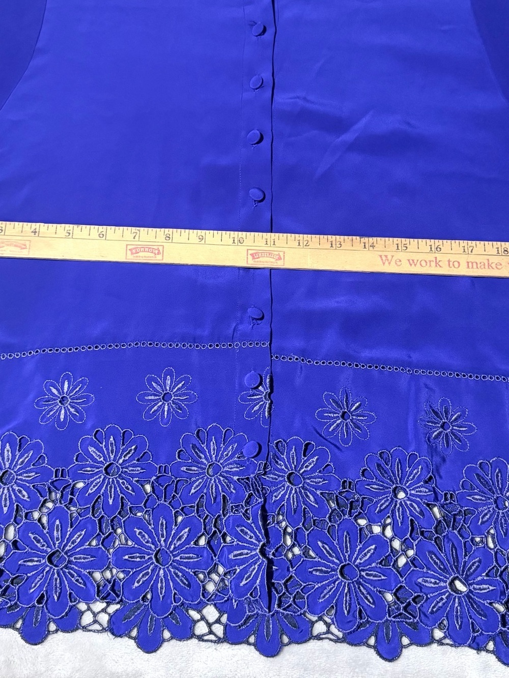 Vintage Ester Ken Paris Button-Down Blouse with Floral Lace Hem in Royal Blue - Picture 5 of 9